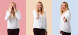 © luismolinero - Set of Middle age blonde woman with white shirt shaking hands and other shouting