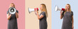 © luismolinero - Set of Middle-age blonde woman shouting through a megaphone to announce something in lateral position on colorful background