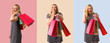 © luismolinero - Set of Middle-age blonde woman surprised while holding a lot of shopping bags on colorful background