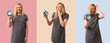 © luismolinero - Set of Middle-age blonde woman holding vintage alarm clock on colorful background