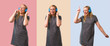 © luismolinero - Set of Middle-age blonde woman listening to music with headphones on colorful background