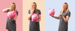 © luismolinero - Set of Middle-age blonde woman surprised while holding a big piggybank on colorful background