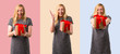 © luismolinero - Set of Middle-age blonde woman surprised because has been given a gift on colorful background