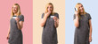 © luismolinero - Set of Middle-age blonde woman holding a credit card and surprised on colorful background