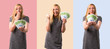 © luismolinero - Set of Middle-age blonde woman happy because has won a lot of money on colorful background