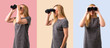 © luismolinero - Set of Middle-age blonde woman and looking for something in the distance with binoculars on colorful background