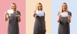 © luismolinero - Set of Middle-age blonde woman holding an empty white placard for insert a concept on colorful background