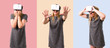 © luismolinero - Set of Middle-age blonde woman using VR glasses. Virtual reality experience on colorful background