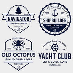 Wall Mural - Set of sea and nautical typography badges and design elements. Templates for company logo. Marine cruise, yacht club, trading companym, shipbuilding and other themes.