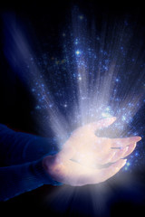 Wall Mural - woman hands with rays of light like spiritual divine soul magic religious concept