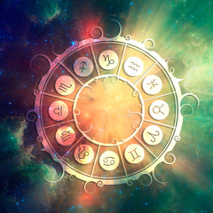 Wall Mural - Astrological symbols in the circle. Elements of this image furnished by NASA. Deep space filled with stars, nebula and galaxy.