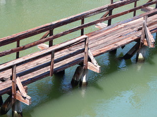 Wooden Bridge over Green Water Aerial Perspective