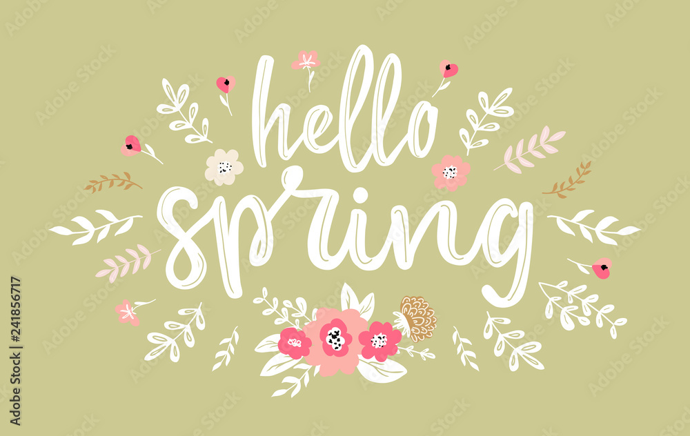 Hello Spring hand written lettering words.Hand drawn typography banner ...