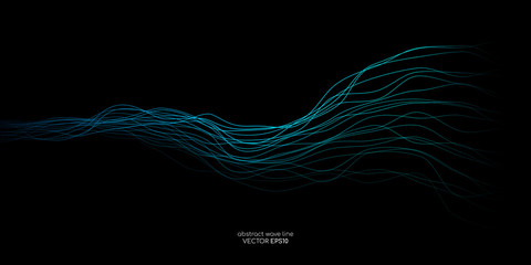 Poster - Abstract vector wave lines green and blue colors isolated on black background for design elements in concept music, technology, modern, science. AI