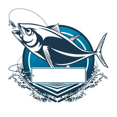 Wall Mural - Tuna big fishing logo illustration. Tuna fish fishing vector emblem. Blue fin fish marine theme. Angry fish.