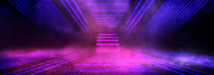 Background of an empty dark room. Empty walls, neon light, smoke, glow