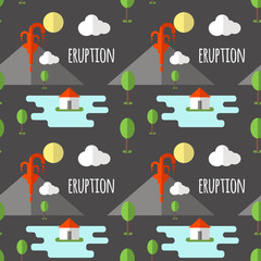 Vector seamless pattern volcanic eruption. Smoke and lava from the crater, the village and trees at the foot. Used for postcards, websites, posters, wallpapers, wrapping paper