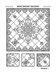 Wall Mural - Coloring page for adults (children ok, too) and visual puzzle: What does not belong? Spot the odd one out. Find the detail that is not the fragment of the main picture. Answer included.