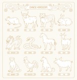 Fototapeta Pokój dzieciecy - Vector Chinese horoscope of twelve animals line art. Set Eastern astrological calendar Asian pattern gold outline on white background.