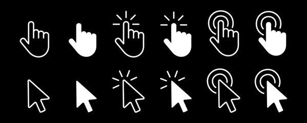 Poster - Set of Hand Cursor icons click and Cursor icons click. Isolated on Black background