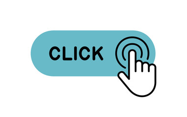 Poster - Click here button with hand icon. Isolated on White background