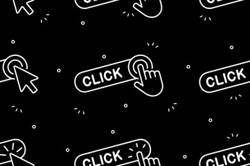 Poster - Seamless pattern with Click here button with hand icon and Click here button with Cursor icon. Isolated on Black background