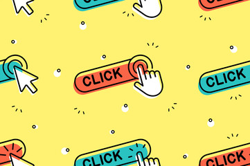 Fototapete - Seamless pattern with Click here button with hand icon and Click here button with Cursor icon. Isolated on yellow background