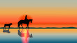 Romantic horse background - sunset silhouettes on the beach