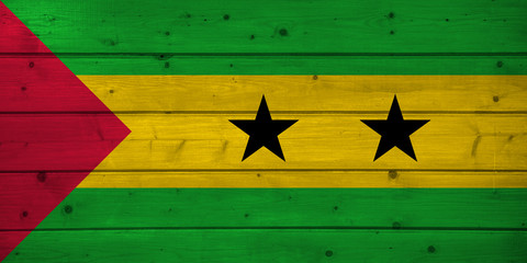 Wall Mural - Flag of Sao Tome and Principe on wooden background, surface. Wooden wall, planks. National flag