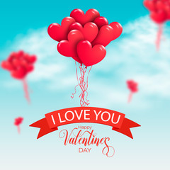 Poster - Bunch of red air balloons flying in the sky. Happy Valentine's Day. Vector illustration.