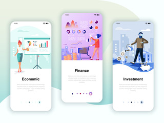 set of onboarding screens user interface kit for economics, finance, investment, mobile app template