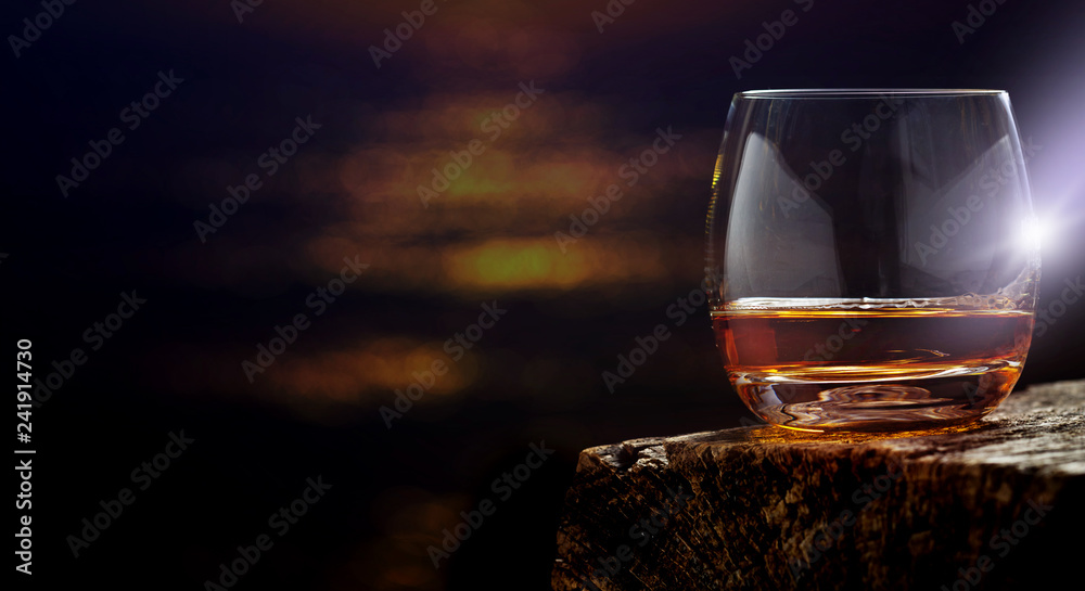 Whisky, whisky glass on the wooden table , banner - obrazy, fototapety, plakaty 