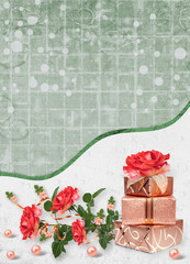 Wall Mural - Holiday card with gift boxes, pearls and bouquet of beautiful red roses on green paper background