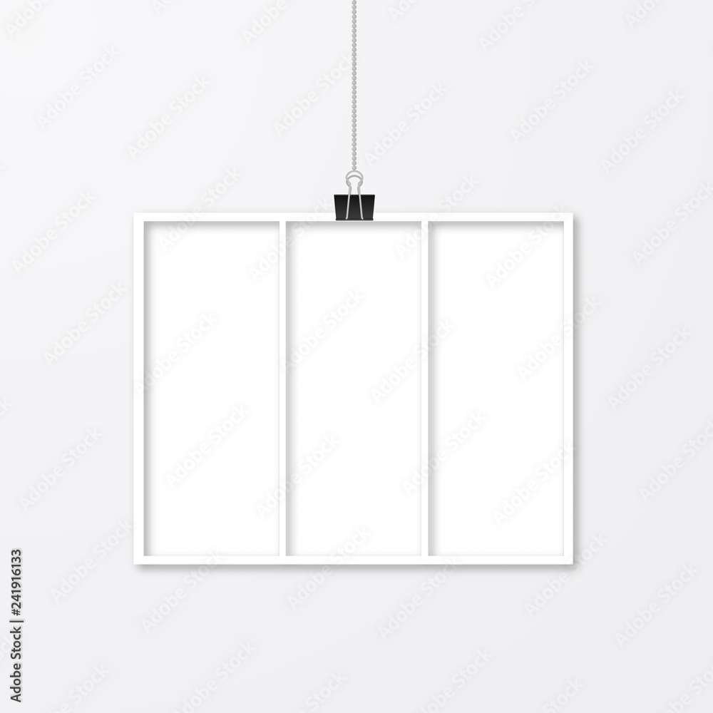 Realistic photo frame hanging with binder clips isolated on white wall ...