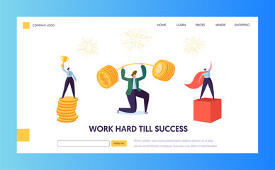 Poster - Finance Business Success Character Landing Page. Businessman Lift Up Barbell with Coins. Financial Goal Achievement Concept for Website or Web Page. Flat Cartoon Vector Illustration