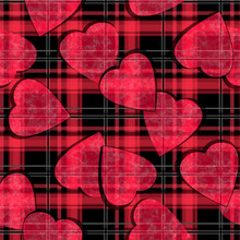 Seamless Valentines Day Red Hearts Black Ckeckered Plaid Pattern