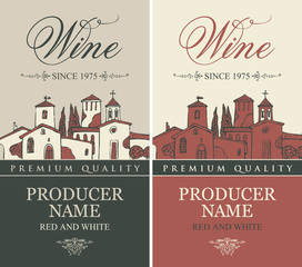 set of wine labels with european village landscape