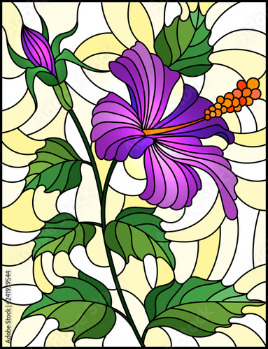 Dekoracja na wymiar  ilustracja-w-stylu-witrazu-z-kwiatami-pakami-i-liscmi-fioletowego-hibiskusa-na-zolto