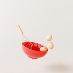 Wall Mural - Floating red bowl, egg and whisk on white bright background. Food concept. 3d rendering