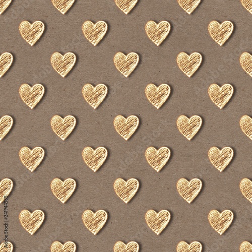 Golden hearts seamless pattern. Gold glitter on old paper background
