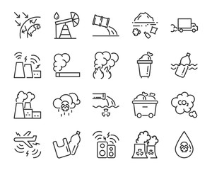 set of pollution icons, such as, global warming, smoke, pastic bags, waste, sound pollution