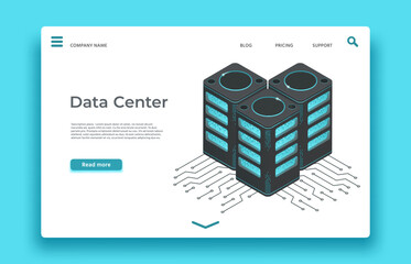 Poster - data center landing page. isometric servers vector design