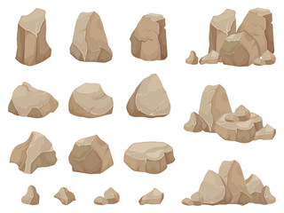 stone rock. stones boulder, gravel rubble and pile of rocks cartoon isolated vector set