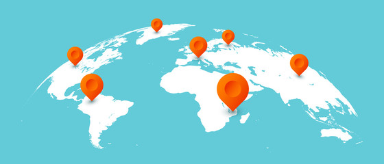 Poster - world travel map. pins on global earth maps, worldwide business communication isolated concept illus