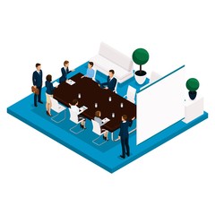 Poster - trend isometric people, a room, an office manager rear view, a large table for meetings, negotiation