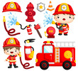 an image set of many fireman and objects related to fireman
