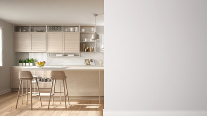 Sticker - Modern white and wooden kitchen with island and stools on a foreground wall, interior design architecture idea, concept with copy space, blank background