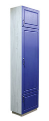 white oak cabinet with blue facades on white background