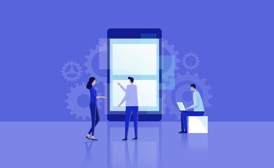 Poster - mobile application design and development process .with group business team working and project brainstorming concept