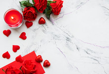 Valentines Day Romantic Background - Red Roses, Candle And Hearts